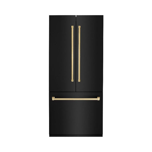 ZLINE Autograph Edition 36 in. 19.6 cu. ft. French Door Built-In Bottom Freezer Refrigerator with Water Dispenser and Ice Maker in Black Stainless Steel with Polished Gold Accents (RBIVZ-BS-36-G)