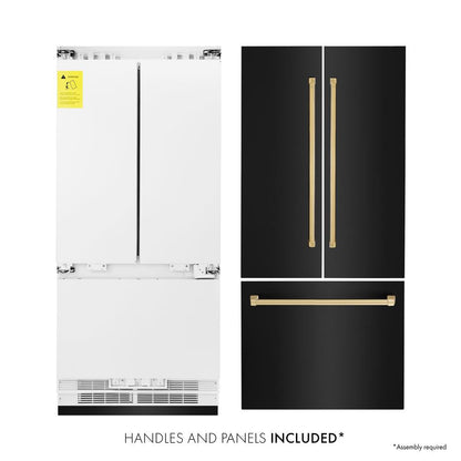 ZLINE Autograph Edition 36 in. 19.6 cu. ft. French Door Built-In Bottom Freezer Refrigerator with Water Dispenser and Ice Maker in Black Stainless Steel with Polished Gold Accents (RBIVZ-BS-36-G)