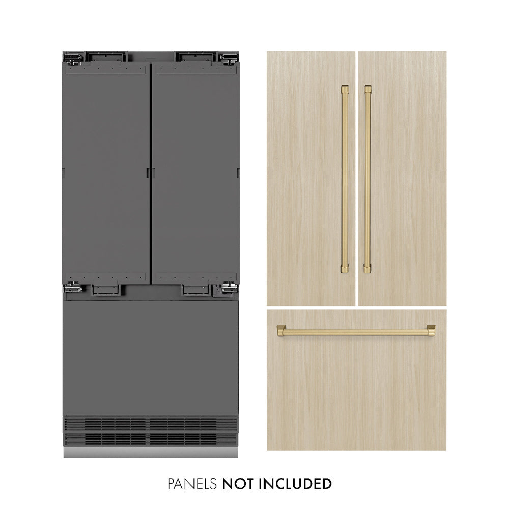 ZLINE Autograph Edition 36 in. 19.6 cu. ft. Panel Ready French Door Built-In Bottom Freezer Refrigerator with Water Dispenser and Ice Maker with Graphite Gray Interior and Champagne Bronze Accents (GRBIVZ-36-CB)
