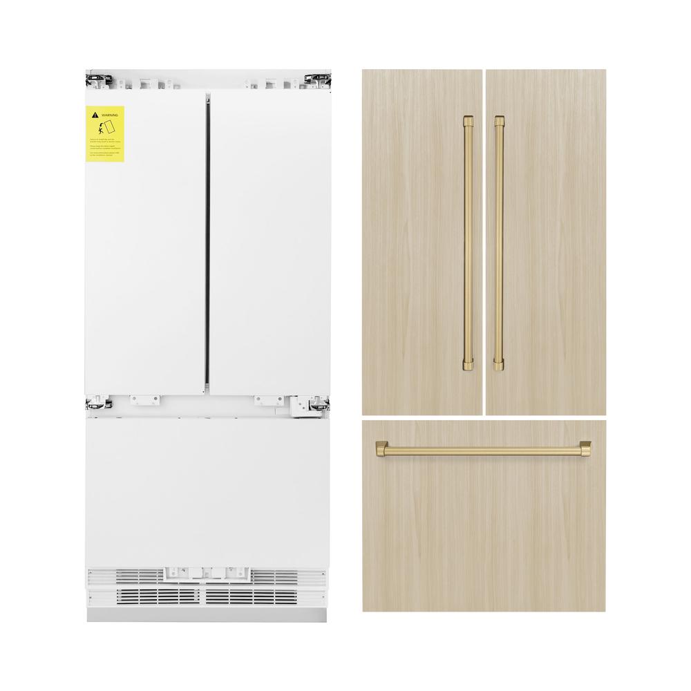 ZLINE Autograph Edition 36 in. 19.6 cu. ft. Panel Ready French Door Built-In Bottom Freezer Refrigerator with Water Dispenser and Ice Maker with Champagne Bronze Accents (RBIVZ-36-CB)