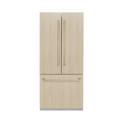 ZLINE Autograph Edition 36 in. 19.6 cu. ft. Panel Ready French Door Built-In Bottom Freezer Refrigerator with Water Dispenser and Ice Maker with Champagne Bronze Accents (RBIVZ-36-CB)