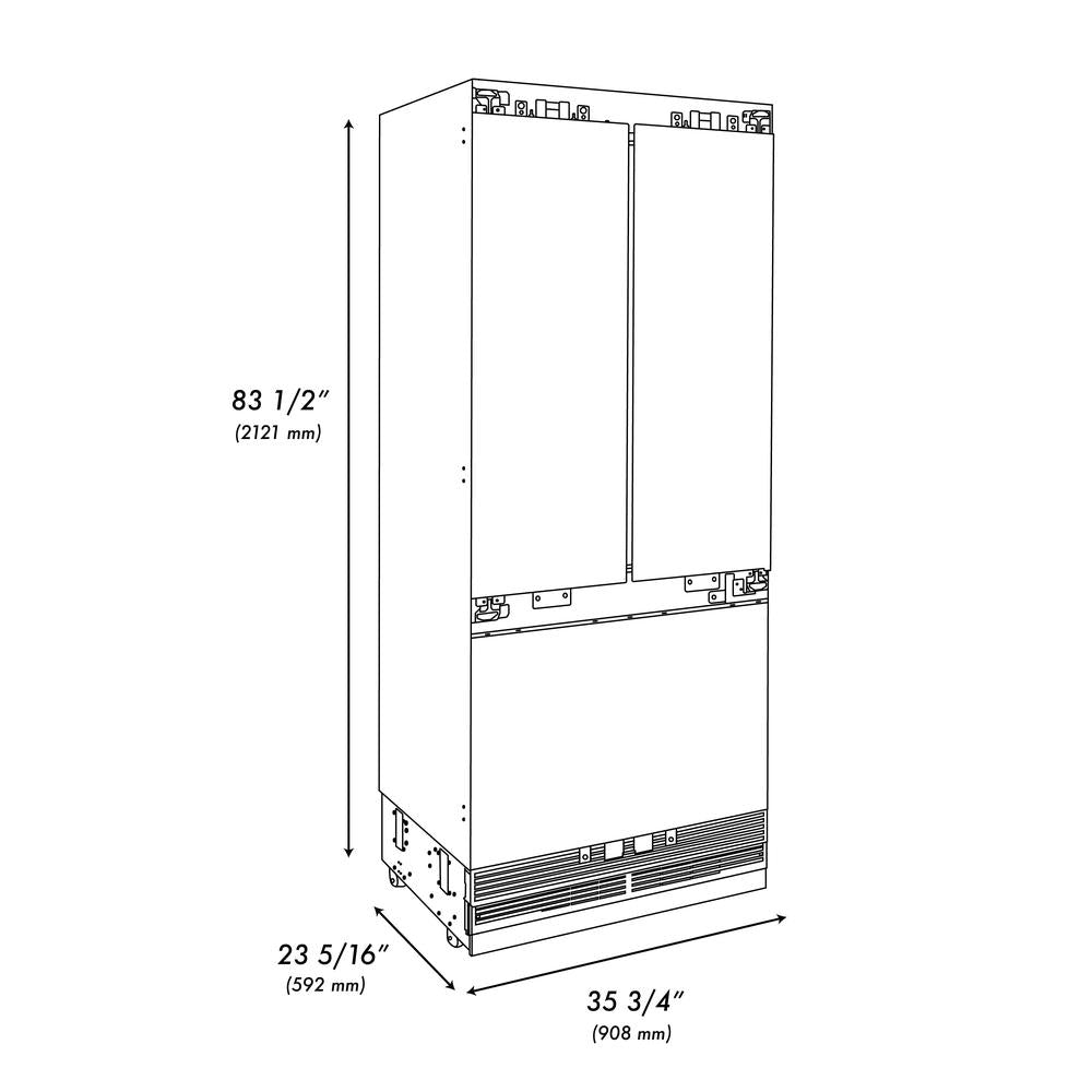 ZLINE Autograph Edition 36 in. 19.6 cu. ft. Panel Ready French Door Built-In Bottom Freezer Refrigerator with Water Dispenser and Ice Maker with Polished Gold Accents (RBIVZ-36-G)