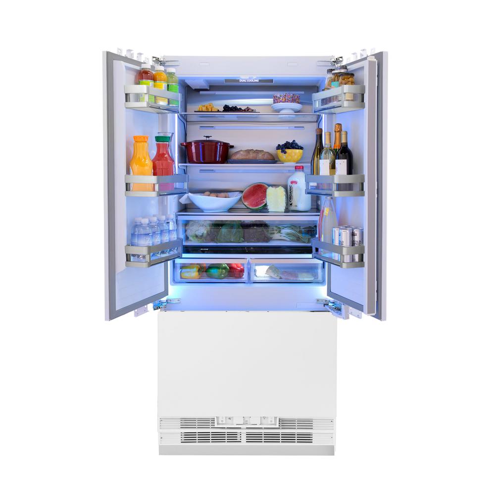 ZLINE Autograph Edition 36 in. 19.6 cu. ft. Panel Ready French Door Built-In Bottom Freezer Refrigerator with Water Dispenser and Ice Maker with Polished Gold Accents (RBIVZ-36-G)