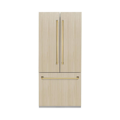 ZLINE Autograph Edition 36 in. 19.6 cu. ft. Panel Ready French Door Built-In Bottom Freezer Refrigerator with Water Dispenser and Ice Maker with Polished Gold Accents (RBIVZ-36-G)