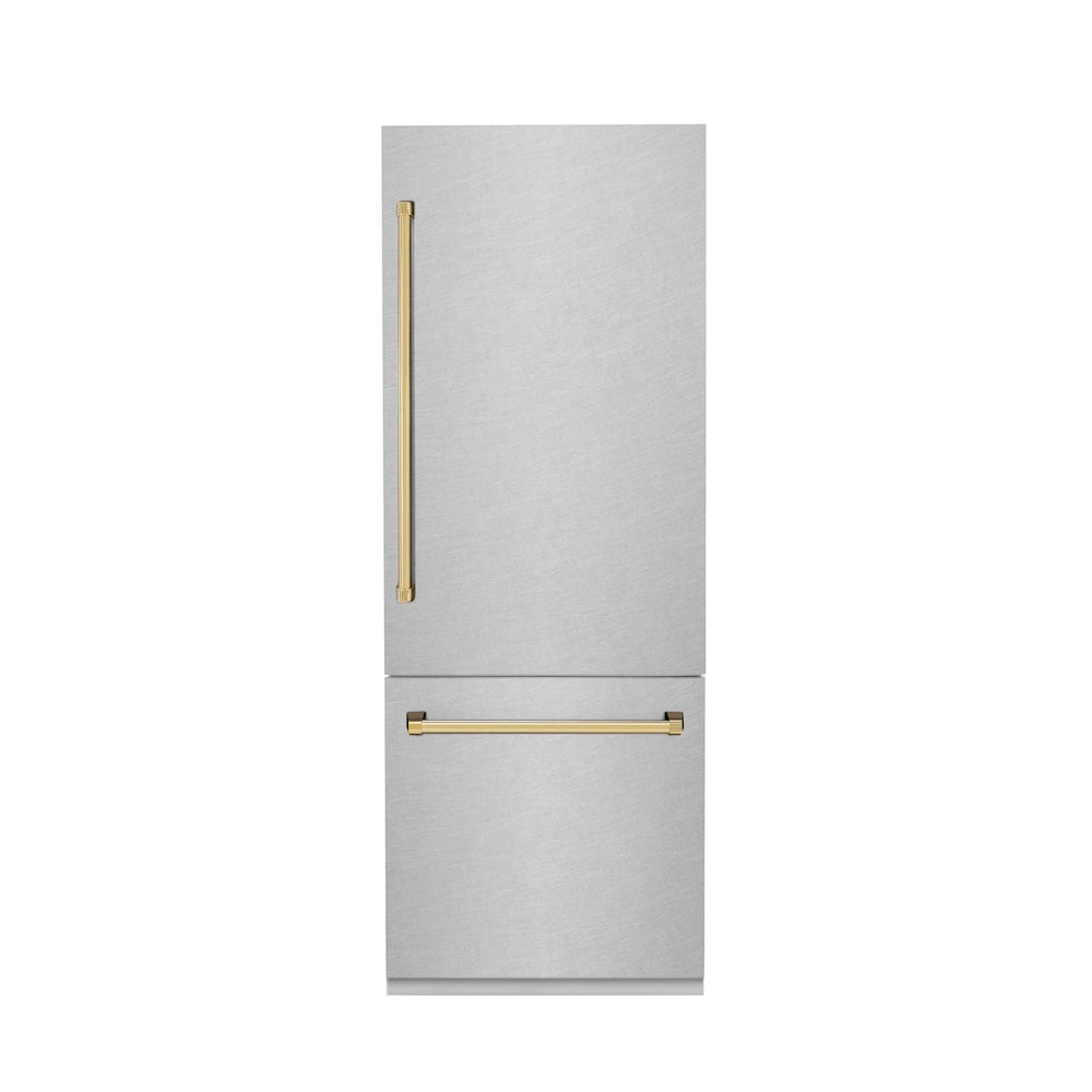 ZLINE Autograph Edition 30 in. 16.1 cu. ft. Built-In Bottom Freezer Refrigerator with Water Dispenser and Ice Maker in Satin Stainless Steel with Polished Gold Accents (RBIVZ-SN-30-G)