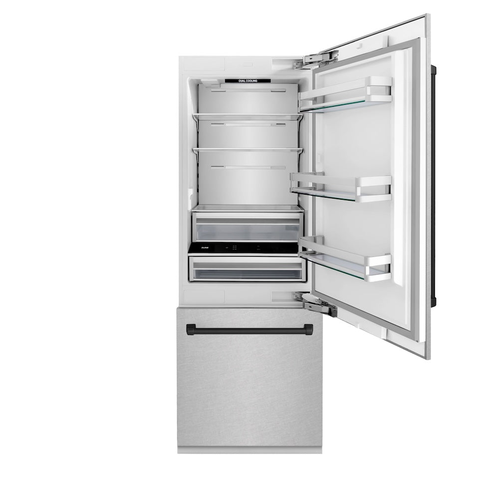 ZLINE Autograph Edition 30 in. 16.1 cu. ft. Built-In Bottom Freezer Refrigerator with Water Dispenser and Ice Maker in Satin Stainless Steel with Matte Black Accents (RBIVZ-SN-30-MB)