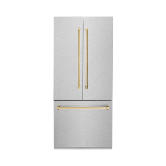 ZLINE Autograph Edition 36 in. 19.6 cu. ft. French Door Built-In Bottom Freezer Refrigerator with Water Dispenser and Ice Maker in Satin Stainless Steel with Champagne Bronze Accents (RBIVZ-SN-36-CB)