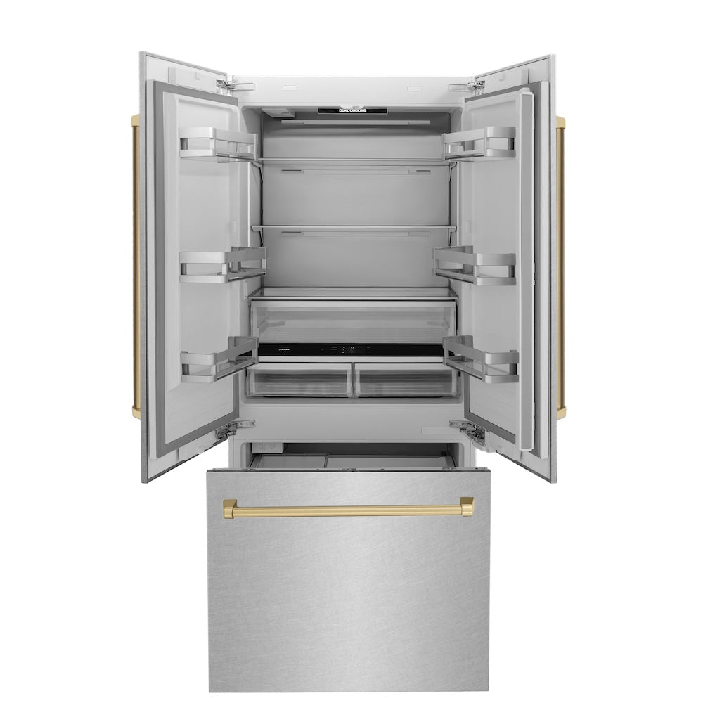 ZLINE Autograph Edition 36 in. 19.6 cu. ft. French Door Built-In Bottom Freezer Refrigerator with Water Dispenser and Ice Maker in Satin Stainless Steel with Champagne Bronze Accents (RBIVZ-SN-36-CB)