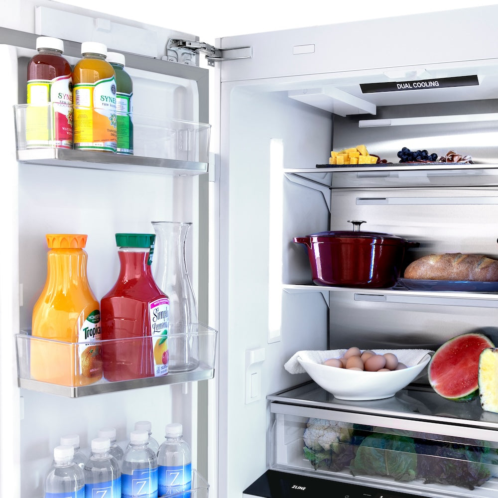 ZLINE Autograph Edition 36 in. 19.6 cu. ft. French Door Built-In Bottom Freezer Refrigerator with Water Dispenser and Ice Maker in Satin Stainless Steel with Polished Gold Accents (RBIVZ-SN-36-G)