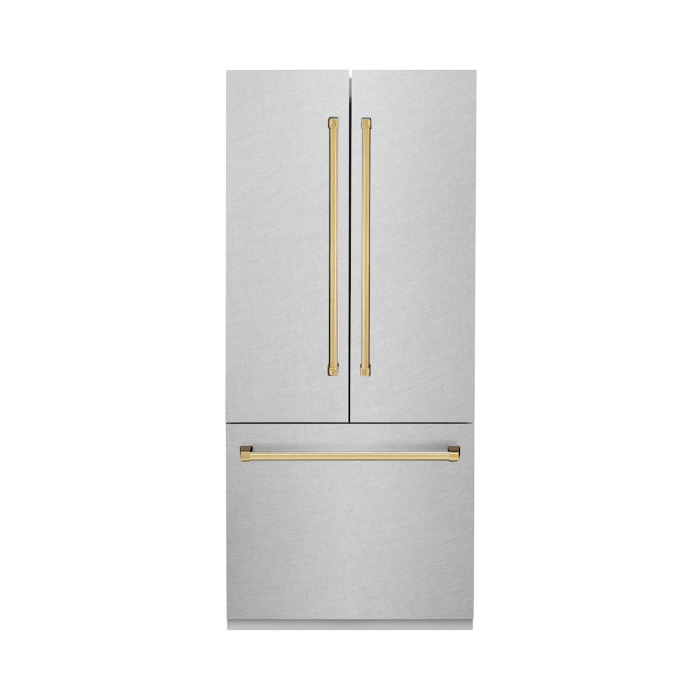 ZLINE Autograph Edition 36 in. 19.6 cu. ft. French Door Built-In Bottom Freezer Refrigerator with Water Dispenser and Ice Maker in Satin Stainless Steel with Polished Gold Accents (RBIVZ-SN-36-G)
