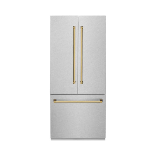 ZLINE Autograph Edition 36 in. 19.6 cu. ft. French Door Built-In Bottom Freezer Refrigerator with Water Dispenser and Ice Maker in Satin Stainless Steel with Polished Gold Accents (RBIVZ-SN-36-G)