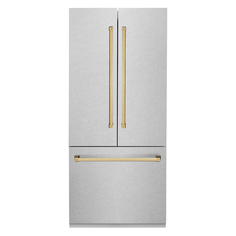 ZLINE Autograph Edition 36 in. 19.6 cu. ft. French Door Built-In Bottom Freezer Refrigerator with Water Dispenser and Ice Maker in Satin Stainless Steel with Polished Gold Accents (RBIVZ-SN-36-G)