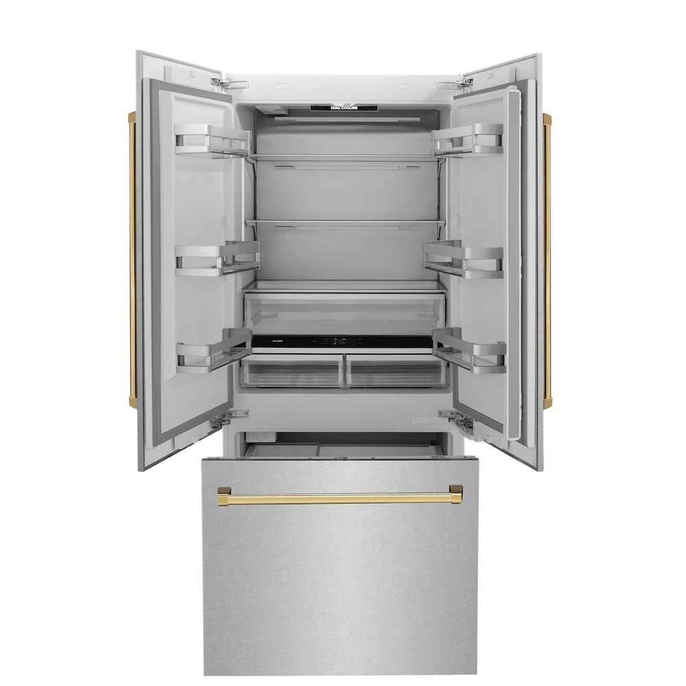 ZLINE Autograph Edition 36 in. 19.6 cu. ft. French Door Built-In Bottom Freezer Refrigerator with Water Dispenser and Ice Maker in Satin Stainless Steel with Polished Gold Accents (RBIVZ-SN-36-G)