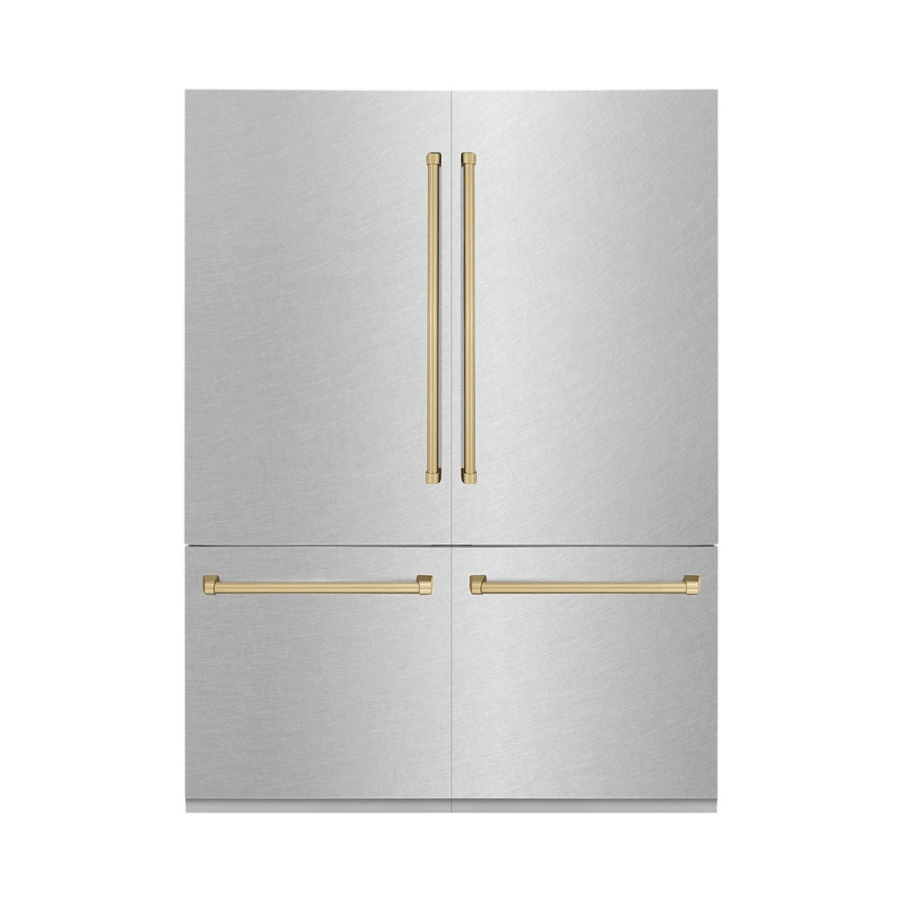 ZLINE Autograph Edition 60 in. 32.2 cu. ft. French Door Built-In Bottom Freezer Refrigerator with Water Dispenser and Ice Maker in Satin Stainless Steel with Champagne Bronze Accents (RBIVZ-SN-60-CB)