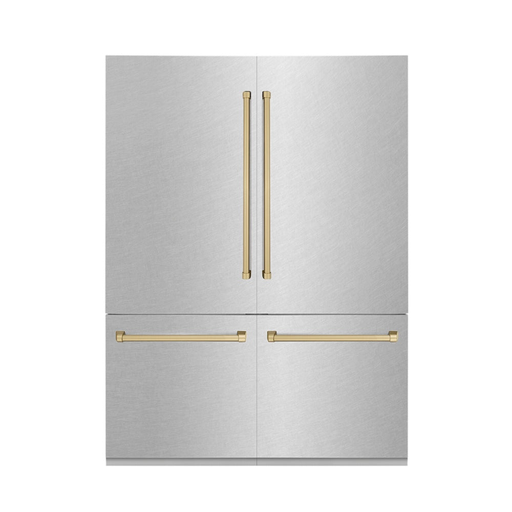 ZLINE Autograph Edition 60 in. 32.2 cu. ft. French Door Built-In Bottom Freezer Refrigerator with Water Dispenser and Ice Maker in Satin Stainless Steel with Champagne Bronze Accents (RBIVZ-SN-60-CB)