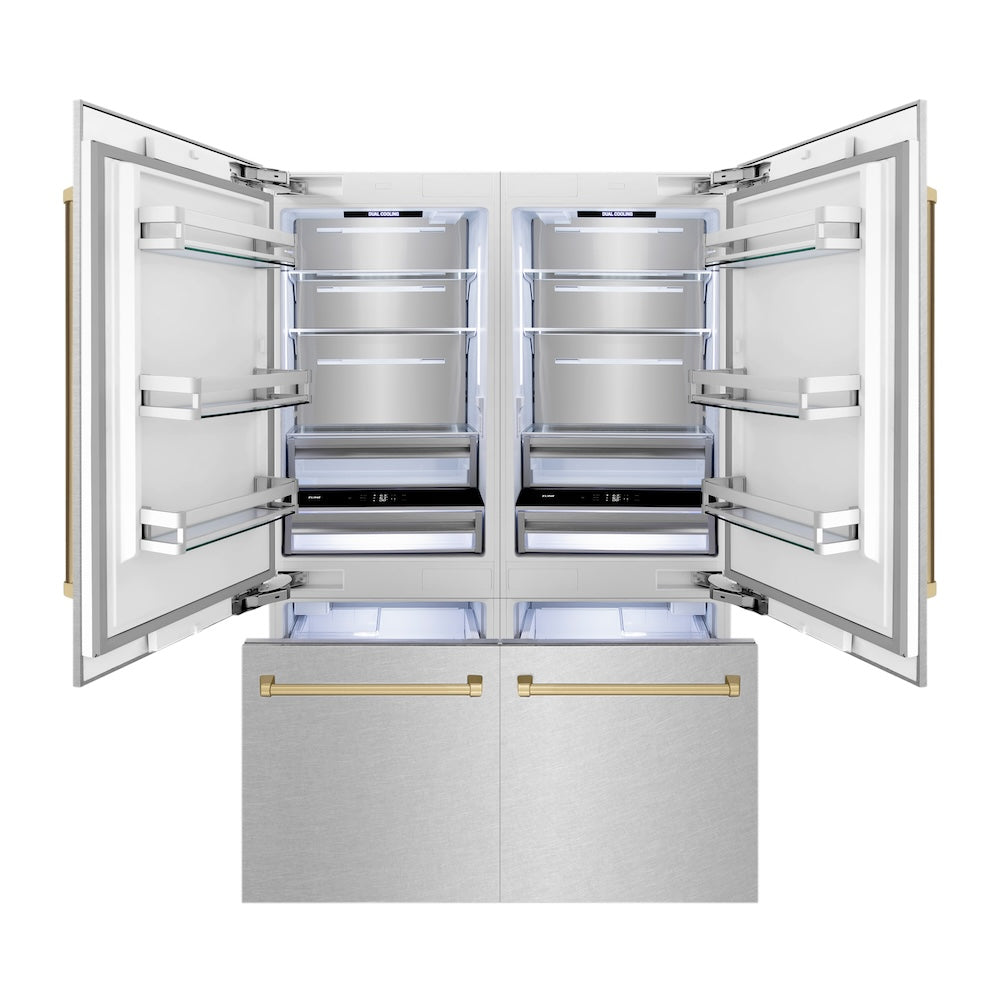 ZLINE Autograph Edition 60 in. 32.2 cu. ft. French Door Built-In Bottom Freezer Refrigerator with Water Dispenser and Ice Maker in Satin Stainless Steel with Champagne Bronze Accents (RBIVZ-SN-60-CB)