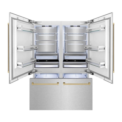 ZLINE Autograph Edition 60 in. 32.2 cu. ft. French Door Built-In Bottom Freezer Refrigerator with Water Dispenser and Ice Maker in Satin Stainless Steel with Champagne Bronze Accents (RBIVZ-SN-60-CB)