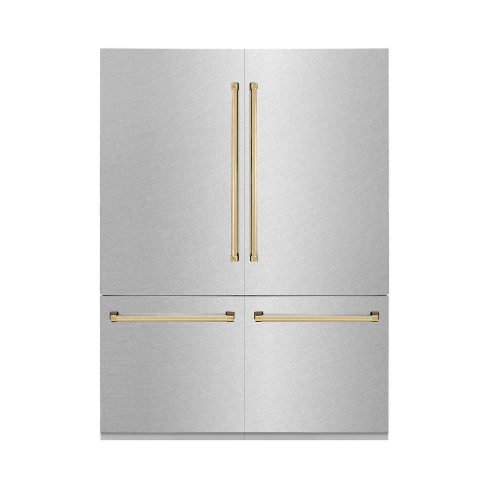 ZLINE Autograph Edition 60 in. 32.2 cu. ft. French Door Built-In Bottom Freezer Refrigerator with Water Dispenser and Ice Maker in Satin Stainless Steel with Polished Gold Accents (RBIVZ-SN-60-G)