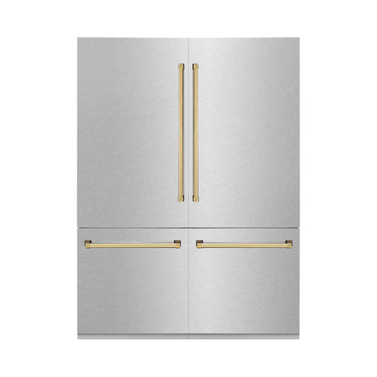 ZLINE Autograph Edition 60 in. 32.2 cu. ft. French Door Built-In Bottom Freezer Refrigerator with Water Dispenser and Ice Maker in Satin Stainless Steel with Polished Gold Accents (RBIVZ-SN-60-G)