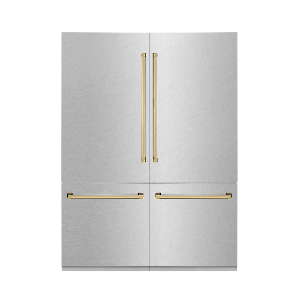 ZLINE Autograph Edition 60 in. 32.2 cu. ft. French Door Built-In Bottom Freezer Refrigerator with Water Dispenser and Ice Maker in Satin Stainless Steel with Polished Gold Accents (RBIVZ-SN-60-G)