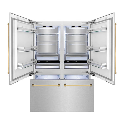 ZLINE Autograph Edition 60 in. 32.2 cu. ft. French Door Built-In Bottom Freezer Refrigerator with Water Dispenser and Ice Maker in Satin Stainless Steel with Polished Gold Accents (RBIVZ-SN-60-G)