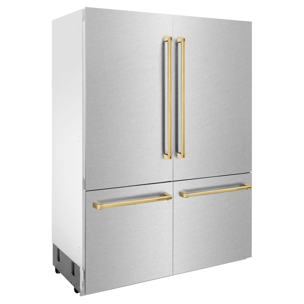 ZLINE Autograph Edition 60 in. 32.2 cu. ft. French Door Built-In Bottom Freezer Refrigerator with Water Dispenser and Ice Maker in Satin Stainless Steel with Polished Gold Accents (RBIVZ-SN-60-G)