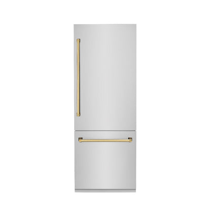 ZLINE Autograph Edition 30 in. 16.1 cu. ft. Built-In Bottom Freezer Refrigerator with Water Dispenser and Ice Maker in Stainless Steel with Polished Gold Accents (RBIVZ-304-30-G)