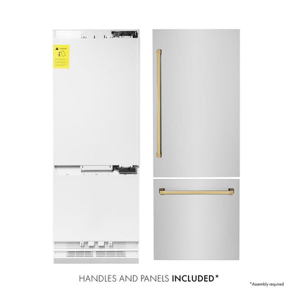 ZLINE Autograph Edition 30 in. 16.1 cu. ft. Built-In Bottom Freezer Refrigerator with Water Dispenser and Ice Maker in Stainless Steel with Polished Gold Accents (RBIVZ-304-30-G)