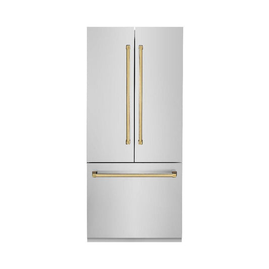 ZLINE Autograph Edition 36 in. 19.6 cu. ft. French Door Built-In Bottom Freezer Refrigerator with Water Dispenser and Ice Maker in Stainless Steel with Polished Gold Accents (RBIVZ-304-36-G)