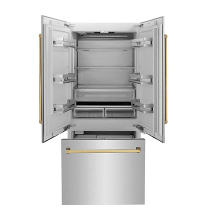 ZLINE Autograph Edition 36 in. 19.6 cu. ft. French Door Built-In Bottom Freezer Refrigerator with Water Dispenser and Ice Maker in Stainless Steel with Polished Gold Accents (RBIVZ-304-36-G)