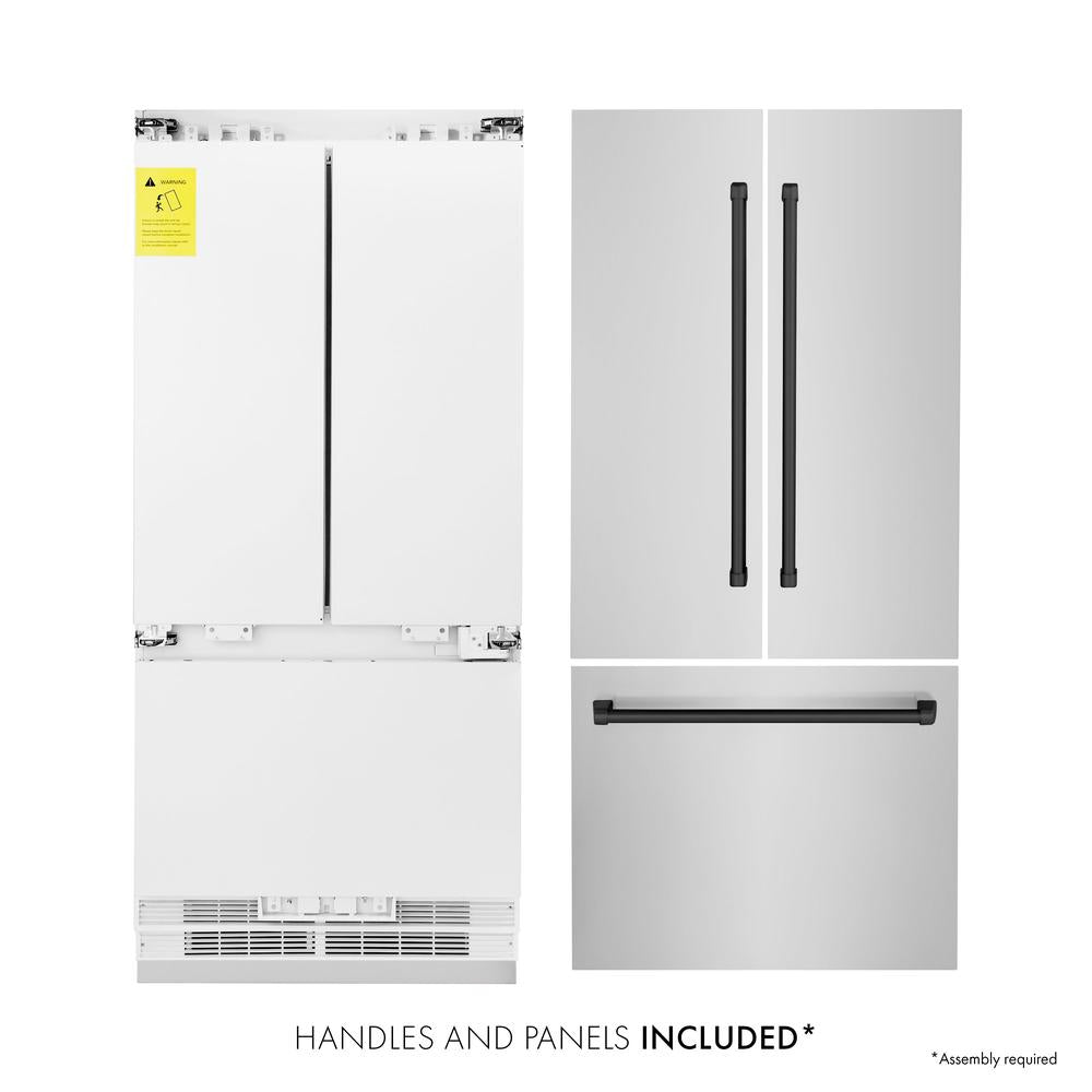 ZLINE Autograph Edition 36 in. 19.6 cu. ft. French Door Built-In Bottom Freezer Refrigerator with Water Dispenser and Ice Maker in Stainless Steel with Matte Black Accents (RBIVZ-304-36-MB)