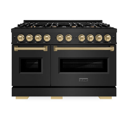 ZLINE Autograph Edition 48 in. 6.7 cu. ft. Classic Double Oven Dual Fuel Range with 8 Burner Gas Cooktop in Black Stainless Steel and Champagne Bronze Accents (CDRBZ-48-CB)