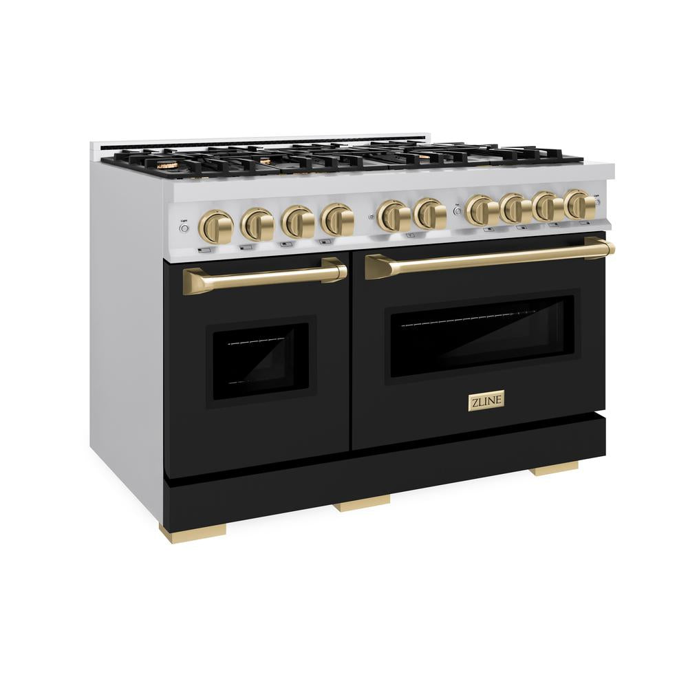 ZLINE Autograph Edition 48 in. 6.7 cu. ft. Classic Double Oven Dual Fuel Range with 8 Burner Gas Cooktop in Stainless Steel with Black Matte Doors and Champagne Bronze Accents (CDRZ-BLM-48-CB)
