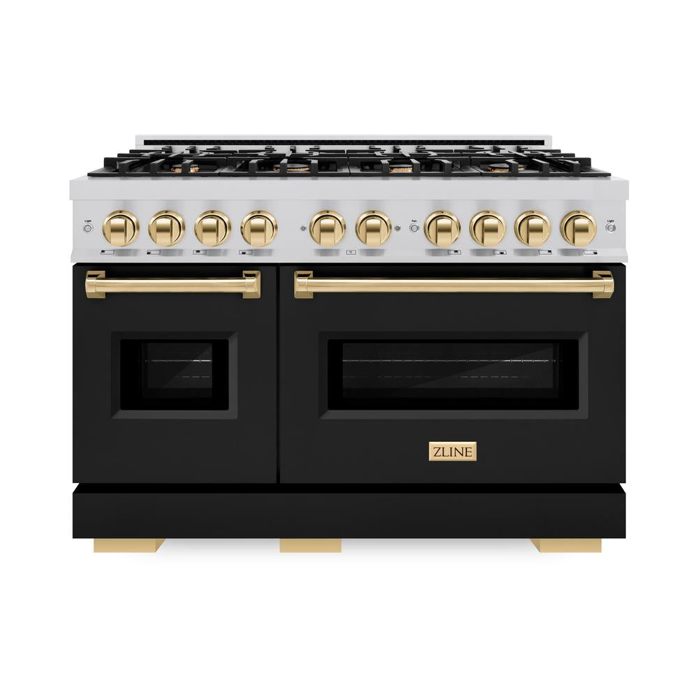 ZLINE Autograph Edition 48 in. 6.7 cu. ft. Classic Double Oven Dual Fuel Range with 8 Burner Gas Cooktop in Stainless Steel with Black Matte Doors and Polished Gold Accents (CDRZ-BLM-48-G)