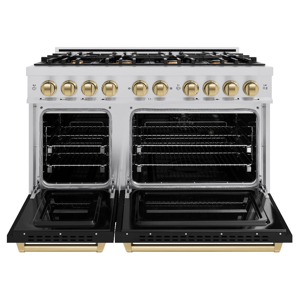 ZLINE Autograph Edition 48 in. 6.7 cu. ft. Classic Double Oven Gas Range with 8 Burner Cooktop in Stainless Steel with Black Matte Doors and Champagne Bronze Accents (CGRZ-BLM-48-CB)