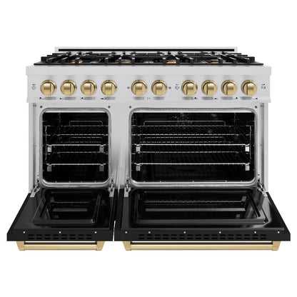 ZLINE Autograph Edition 48 in. 6.7 cu. ft. Classic Double Oven Gas Range with 8 Burner Cooktop in Stainless Steel with Black Matte Doors and Champagne Bronze Accents (CGRZ-BLM-48-CB)