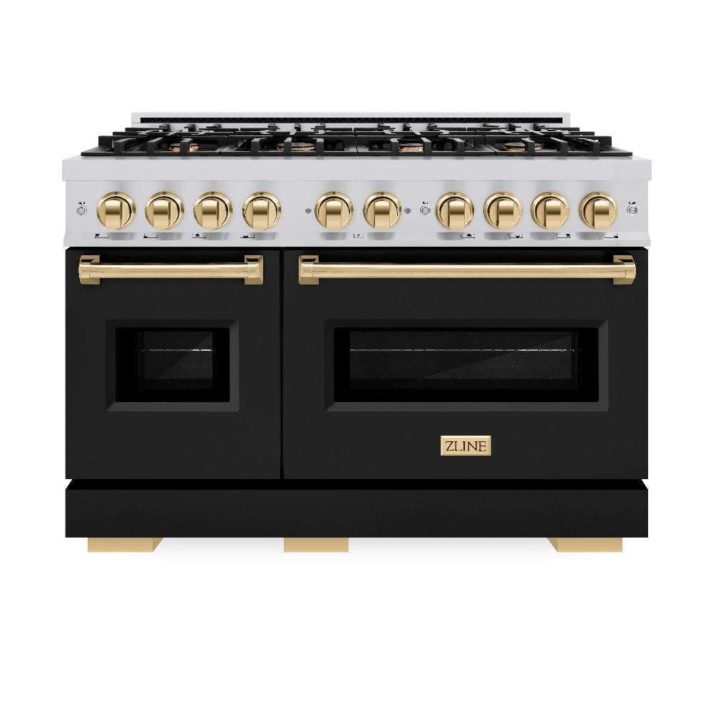 ZLINE Autograph Edition 48 in. 6.7 cu. ft. Classic Double Oven Gas Range with 8 Burner Cooktop in Stainless Steel with Black Matte Doors and Polished Gold Accents (CGRZ-BLM-48-G)
