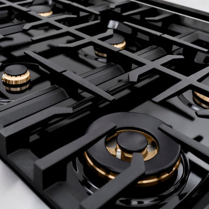 ZLINE Autograph Edition 48 in. 6.7 cu. ft. Classic Double Oven Gas Range with 8 Burner Cooktop in Stainless Steel with Black Matte Doors and Polished Gold Accents (CGRZ-BLM-48-G)