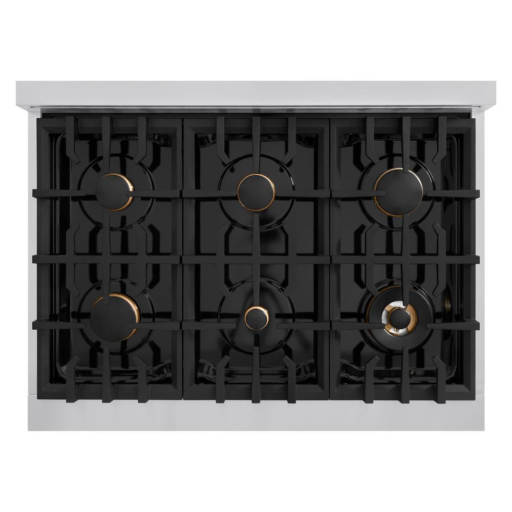 ZLINE Autograph Edition 36 in. 5.2 cu. ft. Classic Gas Range with 6 Burner Cooktop and Convection Gas Oven in Stainless Steel with White Matte Door and Champagne Bronze Accents (CGRZ-WM-36-CB)