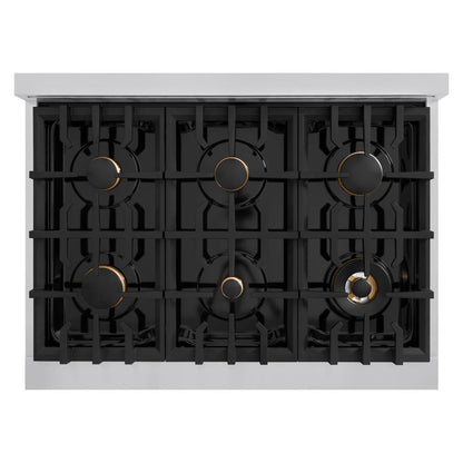 ZLINE Autograph Edition 36 in. 5.2 cu. ft. Classic Gas Range with 6 Burner Cooktop and Convection Gas Oven in Stainless Steel with White Matte Door and Polished Gold Accents (CGRZ-WM-36-G)