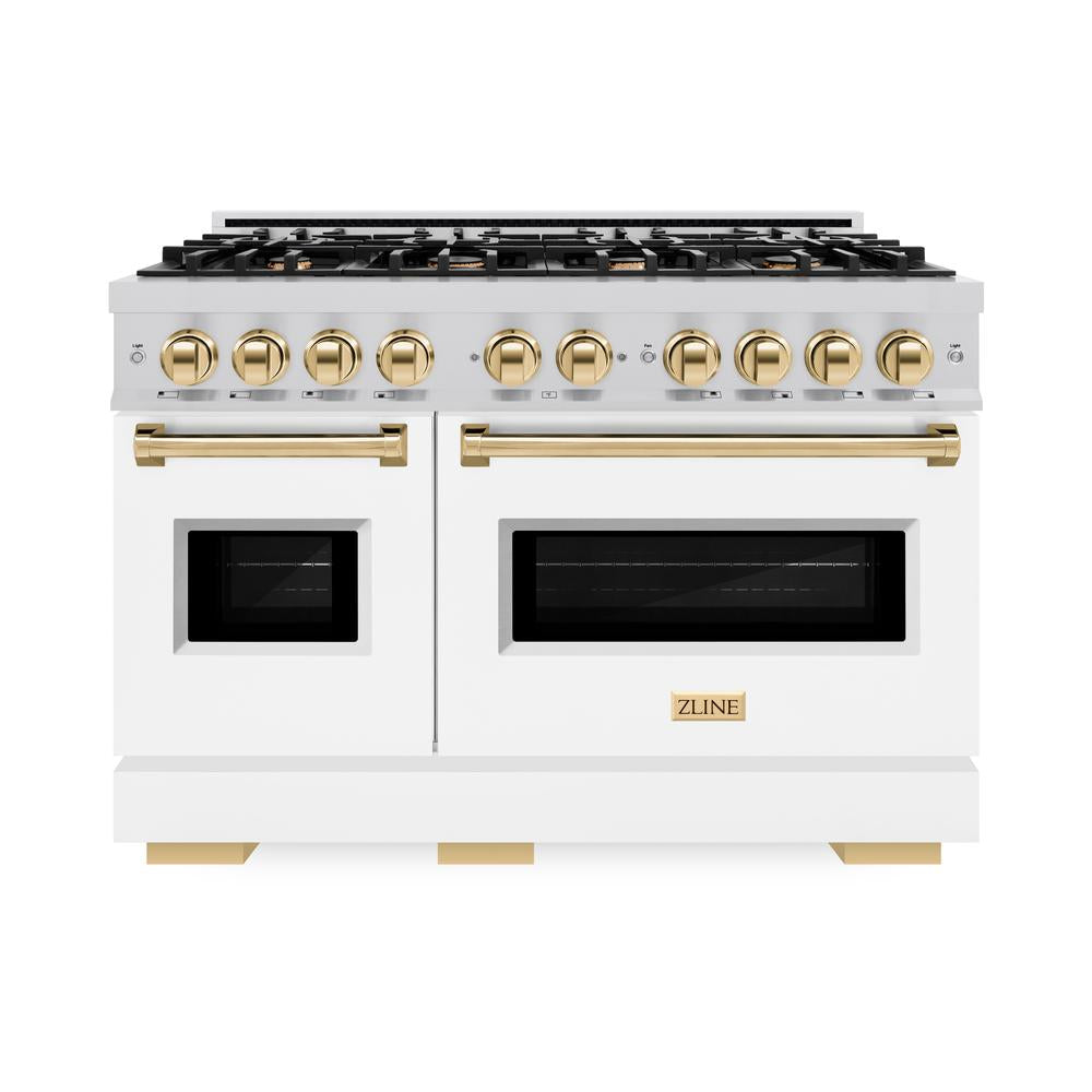 ZLINE Autograph Edition 48 in. 6.7 cu. ft. Classic Double Oven Dual Fuel Range with 8 Burner Gas Cooktop in Stainless Steel with White Matte Doors and Polished Gold Accents (CDRZ-WM-48-G)