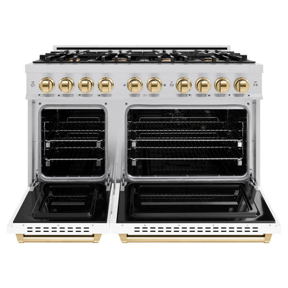 ZLINE Autograph Edition 48 in. 6.7 cu. ft. Classic Double Oven Dual Fuel Range with 8 Burner Gas Cooktop in Stainless Steel with White Matte Doors and Polished Gold Accents (CDRZ-WM-48-G)