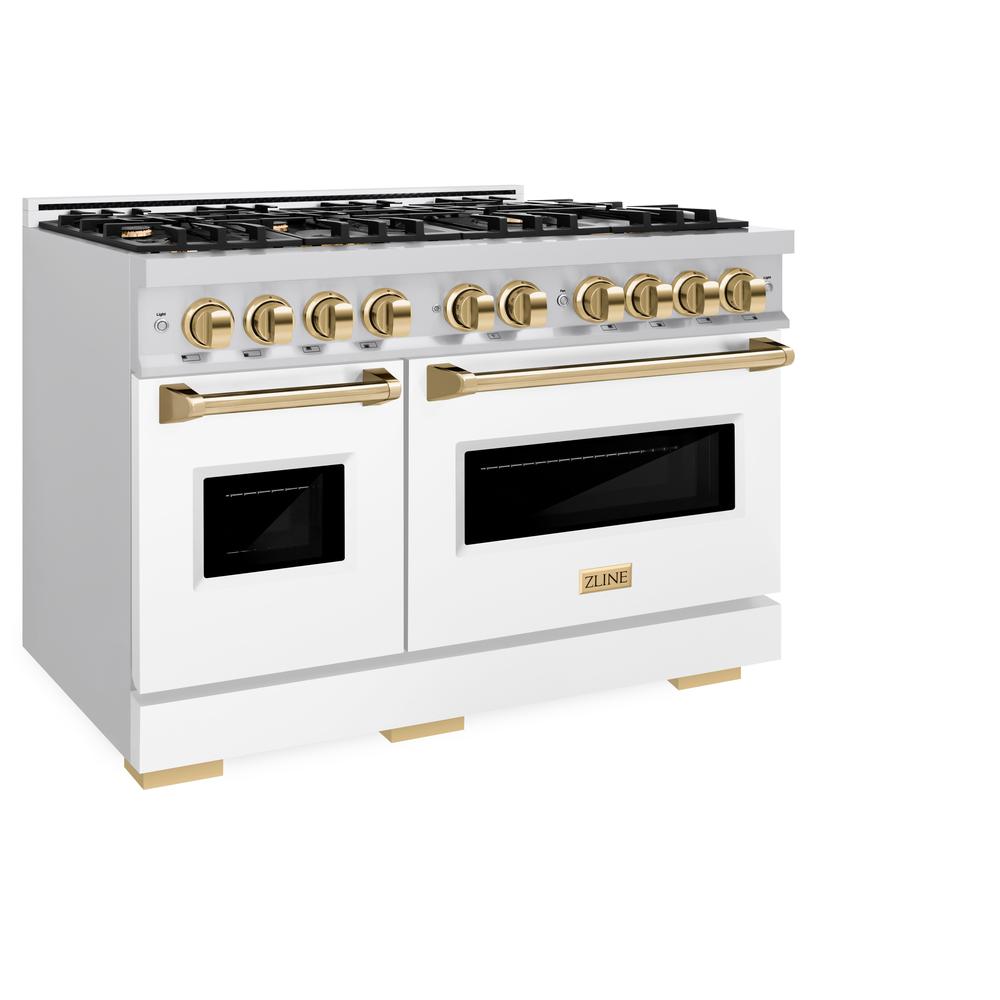 ZLINE Autograph Edition 48 in. 6.7 cu. ft. Classic Double Oven Dual Fuel Range with 8 Burner Gas Cooktop in Stainless Steel with White Matte Doors and Polished Gold Accents (CDRZ-WM-48-G)