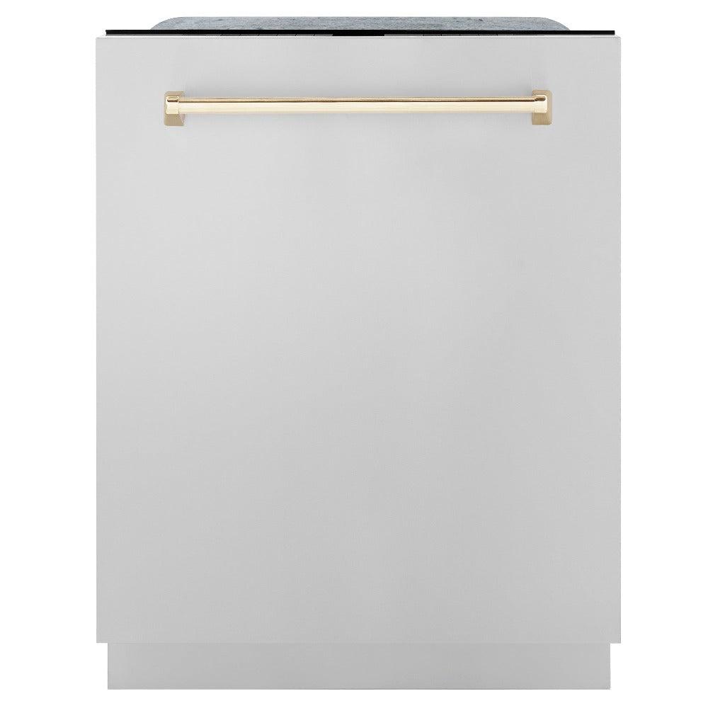 ZLINE Autograph Edition 48 in. Kitchen Package with Stainless Steel Dual Fuel Range, Range Hood, Dishwasher and Refrigerator with Polished Gold Accents (4KAPR-RARHDWM48-G)
