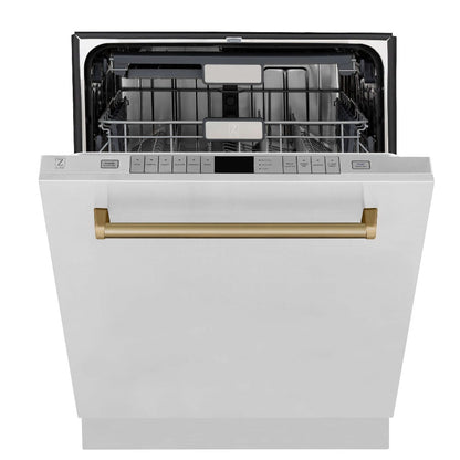 ZLINE Autograph Edition 30 in. Kitchen Package with Stainless Steel Dual Fuel Range, Range Hood, Dishwasher and Refrigerator with Champagne Bronze Accents (4KAPR-RARHDWM30-CB)