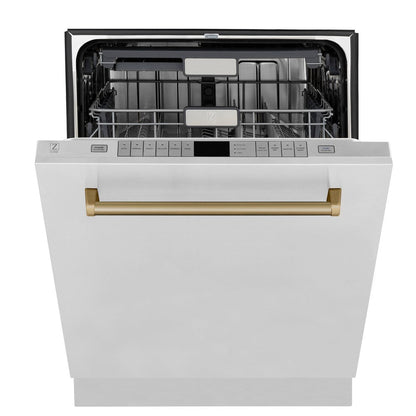 ZLINE Autograph Edition 36 in. Kitchen Package with Stainless Steel Dual Fuel Range, Range Hood, Dishwasher and Refrigerator Including External Water Dispenser with Champagne Bronze Accents (4AKPR-RARHDWM36-CB)