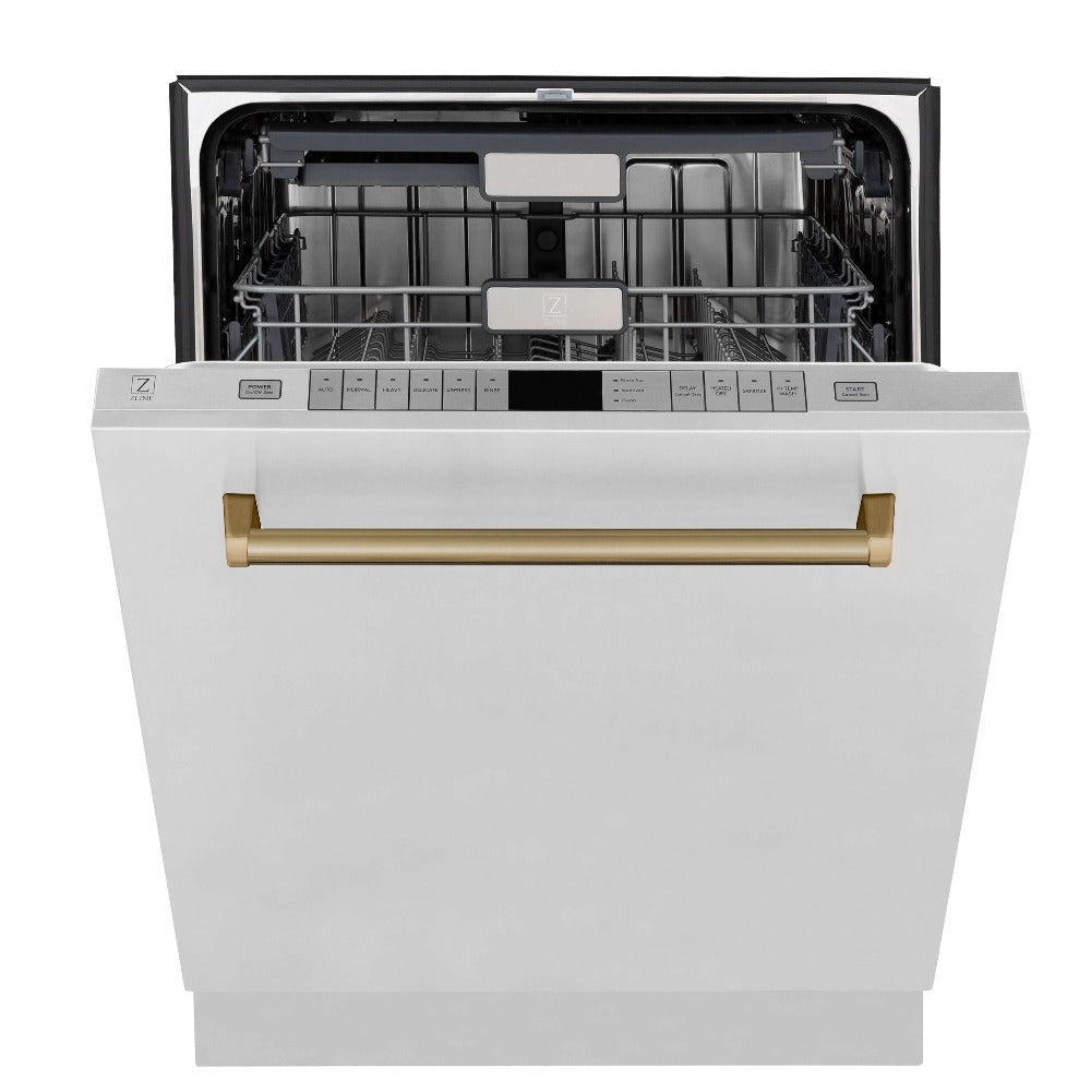 ZLINE Autograph Edition 30 in. Kitchen Package with Stainless Steel Dual Fuel Range, Range Hood, Dishwasher, and Refrigerator with External Water Dispenser with Champagne Bronze Accents (4AKPR-RARHDWM30-CB)