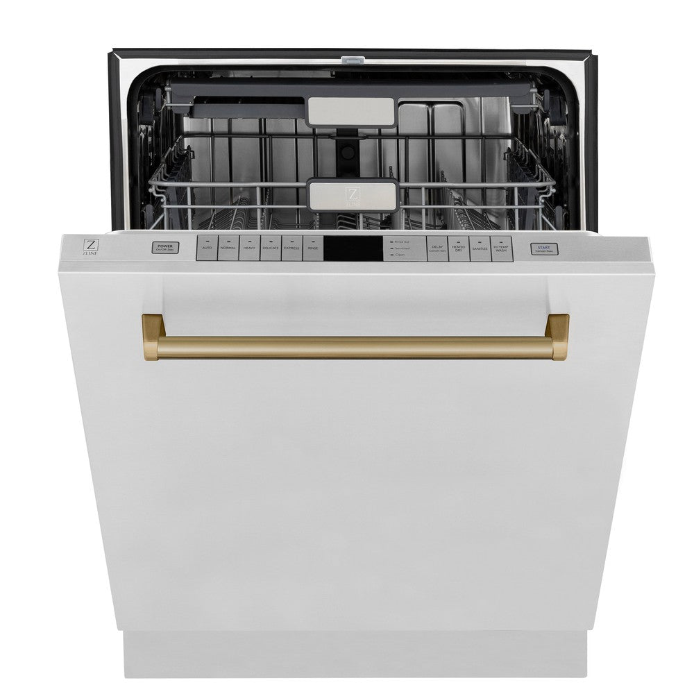 ZLINE Autograph Edition 48 in. Kitchen Package with Stainless Steel Dual Fuel Range, Range Hood, Dishwasher and Refrigerator with Champagne Bronze Accents (4KAPR-RARHDWM48-CB)