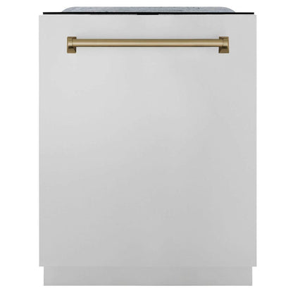 ZLINE Autograph Edition 30 in. Kitchen Package with Stainless Steel Dual Fuel Range, Range Hood, Dishwasher and Refrigerator with Champagne Bronze Accents (4KAPR-RARHDWM30-CB)