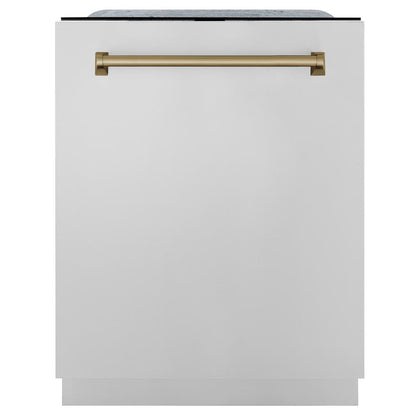 ZLINE Autograph Edition 48 in. Kitchen Package with Stainless Steel Dual Fuel Range, Range Hood, Dishwasher and Refrigerator Including External Water Dispenser with Champagne Bronze Accents (4AKPR-RARHDWM48-CB)